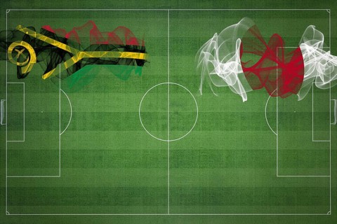 Vanuatu vs Japan Soccer Match, national colors, national flags, soccer field, football game,