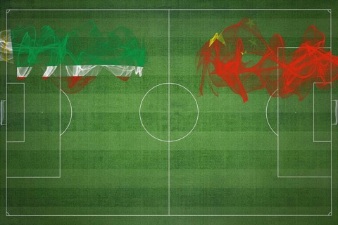 Chechnya vs China Soccer Match, national colors, national flags, soccer field, football game,