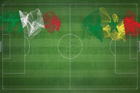Italy vs Senegal Soccer Match, national colors, national flags, soccer field, football game,