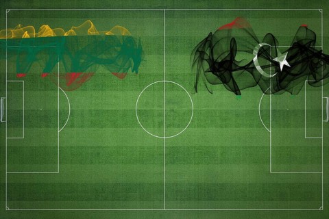 Lithuania vs Libya Soccer Match, national colors, national flags, soccer field, football game,