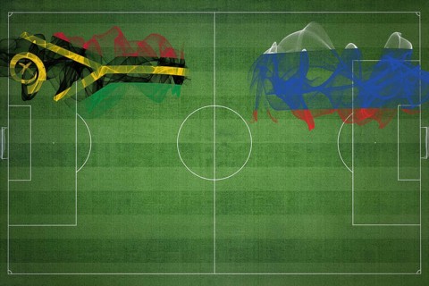 Vanuatu vs Russia Soccer Match, national colors, national flags, soccer field, football game,