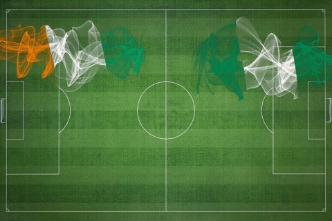 Ivory Coast vs Nigeria Soccer Match, national colors, national flags, soccer field, football game,
