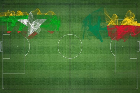 Myanmar vs Benin Soccer Match, national colors, national flags, soccer field, football game,