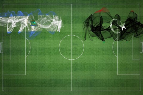 Nicaragua vs Libya Soccer Match, national colors, national flags, soccer field, football game,