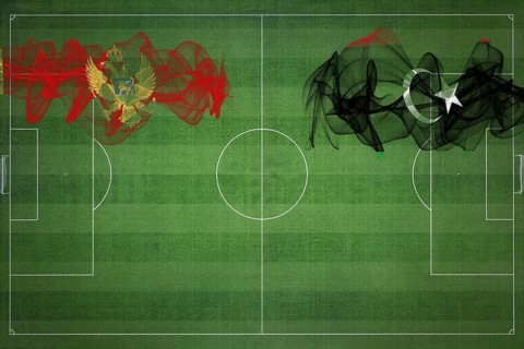 Montenegro vs Libya Soccer Match, national colors, national flags, soccer field, football game,