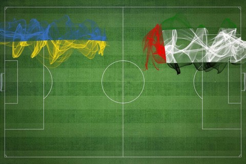 Ukraine vs United Arab Emirates Soccer Match, national colors, national flags, soccer field,