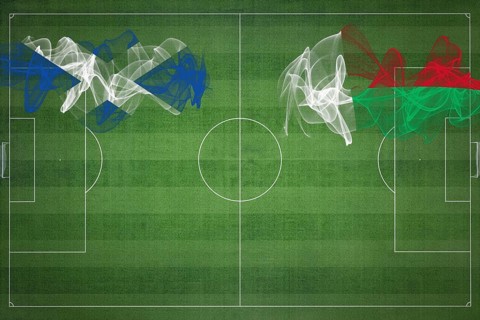 Scotland vs Madagascar Soccer Match, national colors, national flags, soccer field, football game,