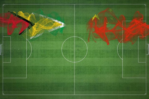 Guyana vs China Soccer Match, national colors, national flags, soccer field, football game,