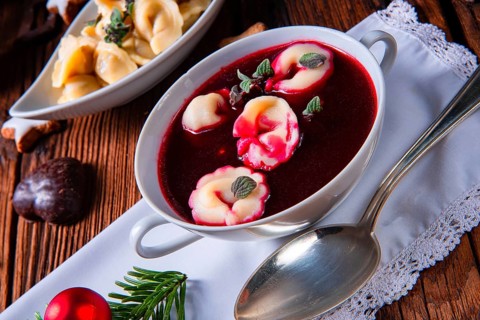 Traditional Polish Christmas Eve borscht with dumplings
