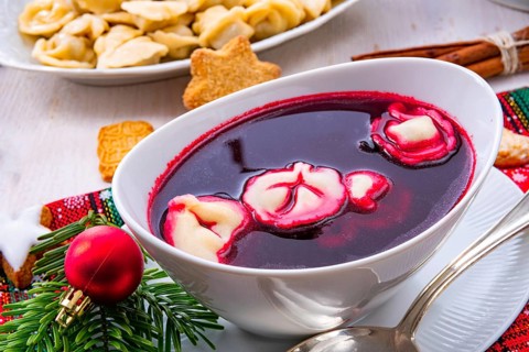 Barszcz (beetroot soup) with small pierogi