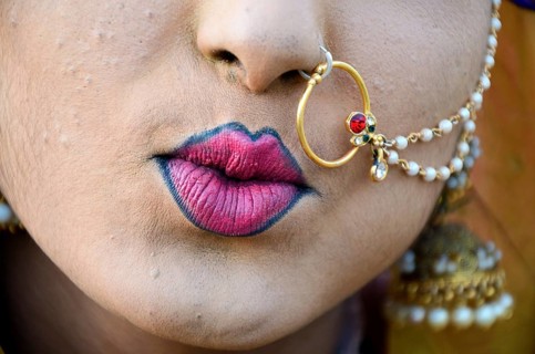 Woman lipstick and nose ring, Jaisalmer, Rajasthan, India, Asia
