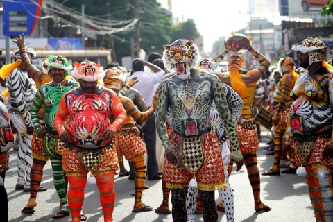 Pulikali Tiger Dance procession, Onam festival, Thrissur, Kerala, India, Asia