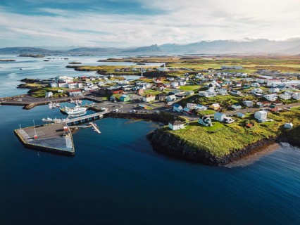 Beautiful aerial view of the Stykkisholmskirkja Harbor with Fishing ships boats at Stykkisholmur