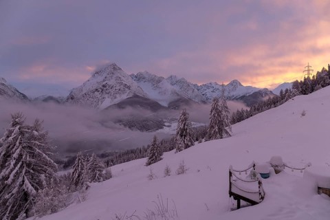 Dawn, Motta Naluns with view towards Val S-charl, Scuol, Engadin, Grisons, Switzerland, Europe