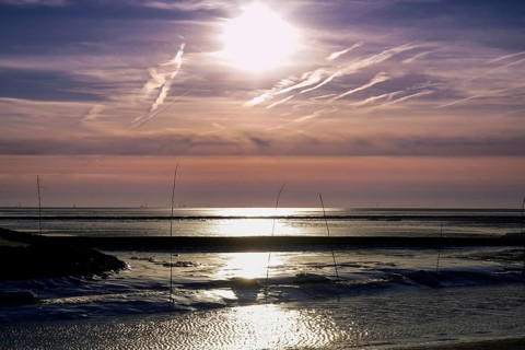 Atmospheric picture of moonlight on water with pastel-coloured sky and calm atmosphere,