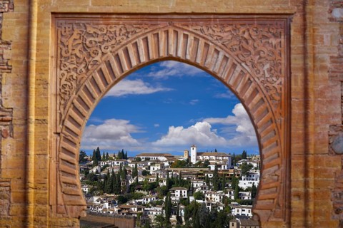 Alhambra arch Granada illustration with Albaicin barrio photo mount