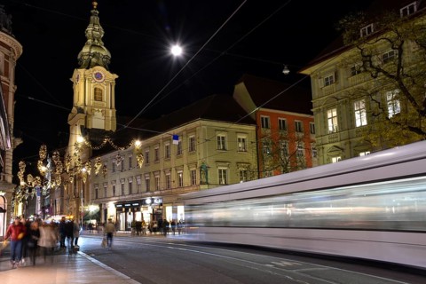 Graz, Austria - November 30, 2019: beautiful Christmas decorations on Herrengasse street, at night,