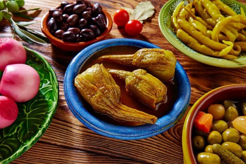 Tapas pickles mix olives chili onion eggplant from Spain