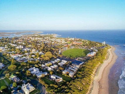 Aerial views of Queenscliff at dusk on a summer's day on the Bellarine Peninsula, Victoria,