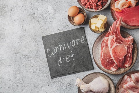 Food, Selection food for CARNIVORE DIET. Seafood, Meat, megs and fat. Zero carbs diet concept