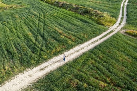 Drone aerial of unrecognized man standing on a rural road in the green field outdoor. One person