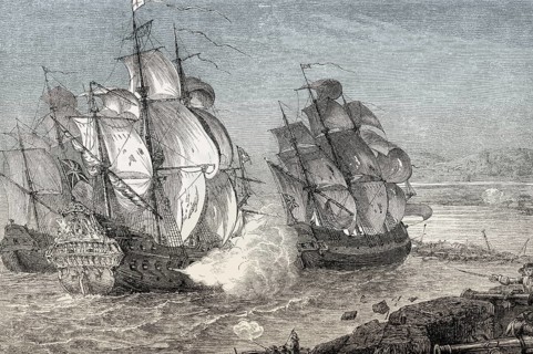 The merchant ship Mountjoy and the frigate HMS Dartmouth at the Great Siege of Londonderry, 1689,