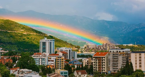 Rainbow over the city of Budva in Montenegro