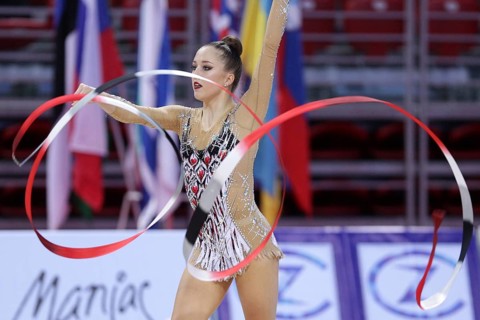 Sofia, Bulgaria - 6 May, 2017: Aja Jerman Bukavec from Slovenia performs during Rhythmic Gymnastics