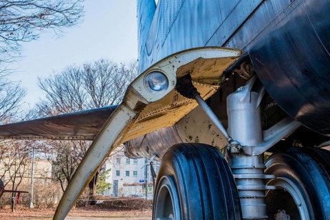 Seoul, South Korea. January 10, 2020: Closeup front view of landing gear door with landing light on