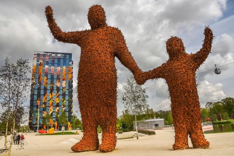 Almere, Netherlands, May 2022. The Arnhem giants and the Flores residential tower at the Floriade