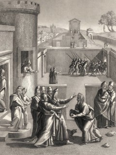 Judas Iscariot before Pontius Pilate, New Testament, steel engraving 1853, digitally restored