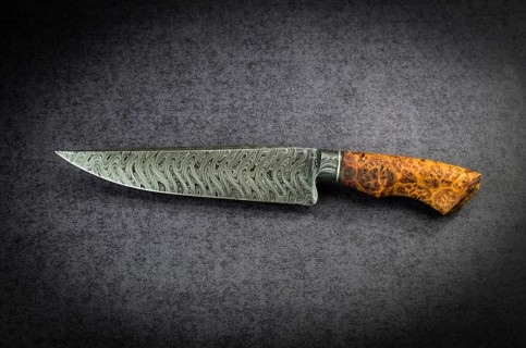 Beautiful luxurious utility knife in Texas Wind damask pattern with noble wood handle on dark