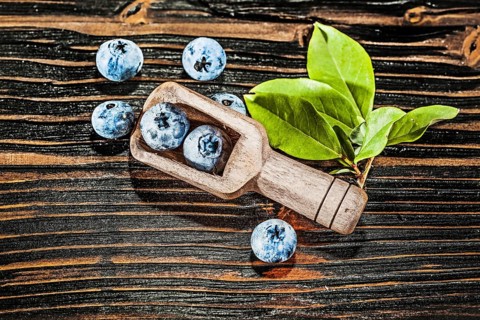 Juicy huckleberries in wooden spoon