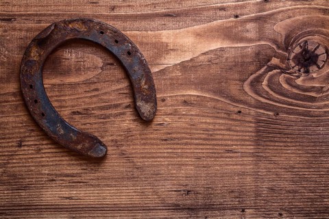 Single vintage rusted horseshoe on old wooden board with copyspace happy concept