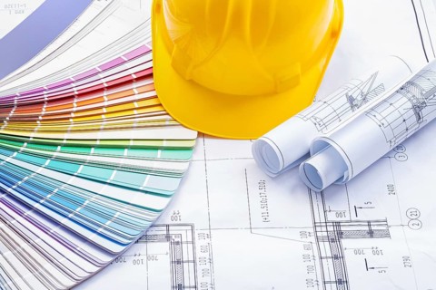 Yellow helmet color palette rolled blueprints
