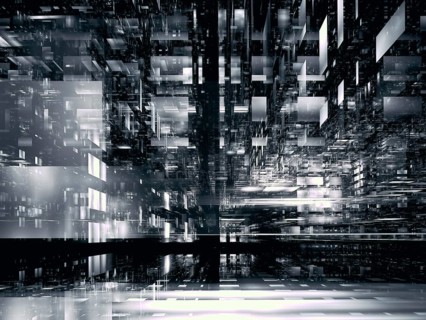 Monochrome background with perspective effect - abstract 3D illustration. A futuristic building - a