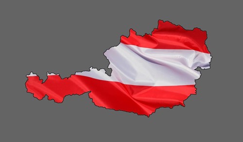 Map, outline of Austria designed with national flag