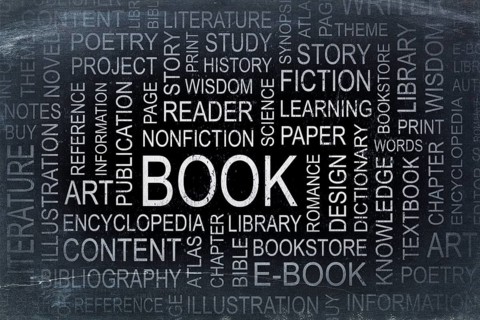 Book, story and literature word cloud - white chalk text on a slate blackboard