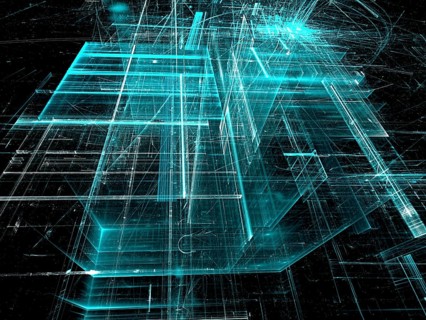 Abstract aquamarine tech background. Fractal art: glass walls on surreal building. Glowing lines
