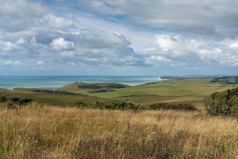 Landscape view of the rolling hills and meadows of the Jurassic Coast on the English Channel coast