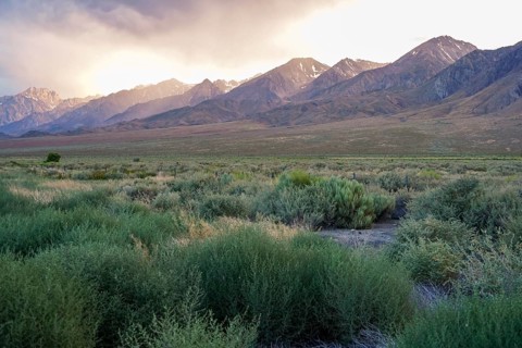 Mountain range with clouded colorful sunset, Eastern Sierra Nevada Mountains, Mono County,