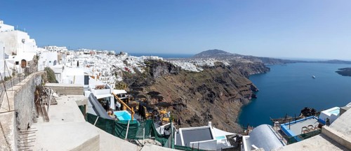 View from Imerovigli over the caldera to Fira, panoramic view, Santorini, Cyclades, Greece, Europe