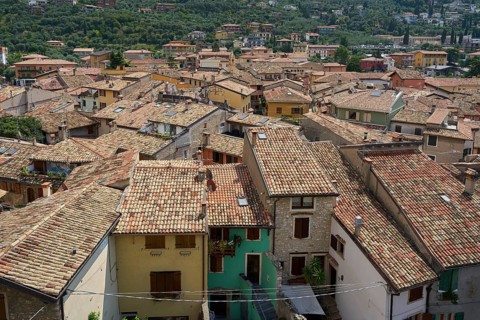 Bird's eye view of the roofs of Malcesine's historic old town centre