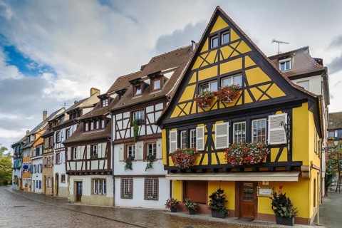 Embankment of Lauch River with historical houses in Colmar, Alsace, France, Europe