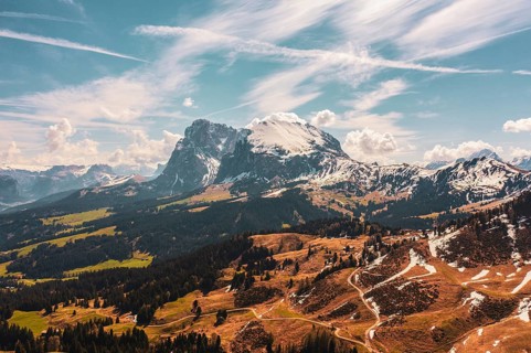 Panoramic view from the Seiser Alm to the Dolomites in Italy, drone shot