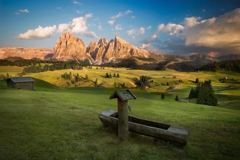 Seiser Alm with Langkofel Group before sunset, South Tyrol, Italy, Europe