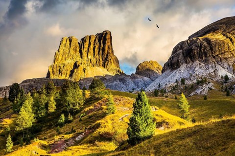 Last sunny day of fall. Concept of active and extreme tourism. Travel in the Dolomites. To pass