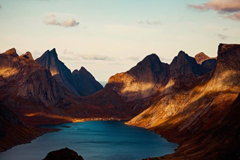 Mountain peaks casting shadows over a tranquil lake at sunset, mountains, rocks, road, sea, ocean,