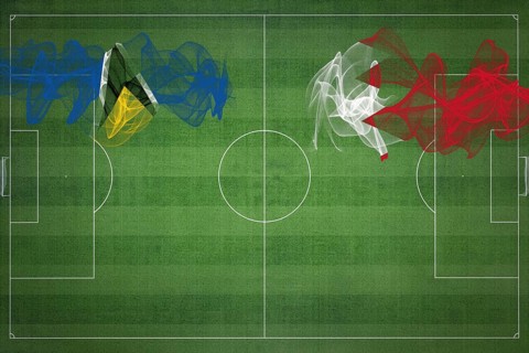 Saint Lucia vs Bahrain Soccer Match, national colors, national flags, soccer field, football game,