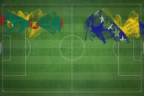 Grenada vs Bosnia and Herzegovina Soccer Match, national colors, national flags, soccer field,